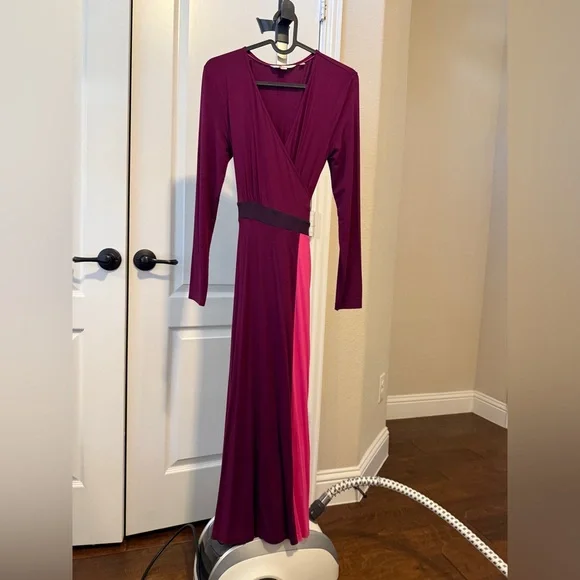 Boden Long Sleeve Color Block Wrapped Dress in Purple and Pink - Picture 4 of 9